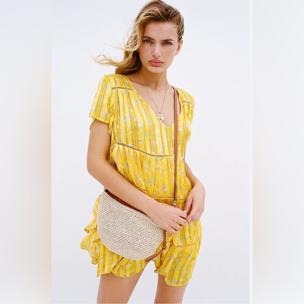 Urban Outfitters Pippa Floral Yellow Babydoll Mini Tiered Dress XS